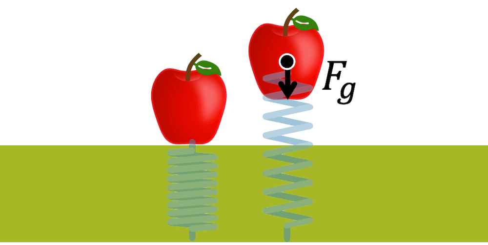 Potentielle Energie (Lageenergie) eines Apfels, der über dem Boden angehoben ist. Es wirkt die Gewichtskraft